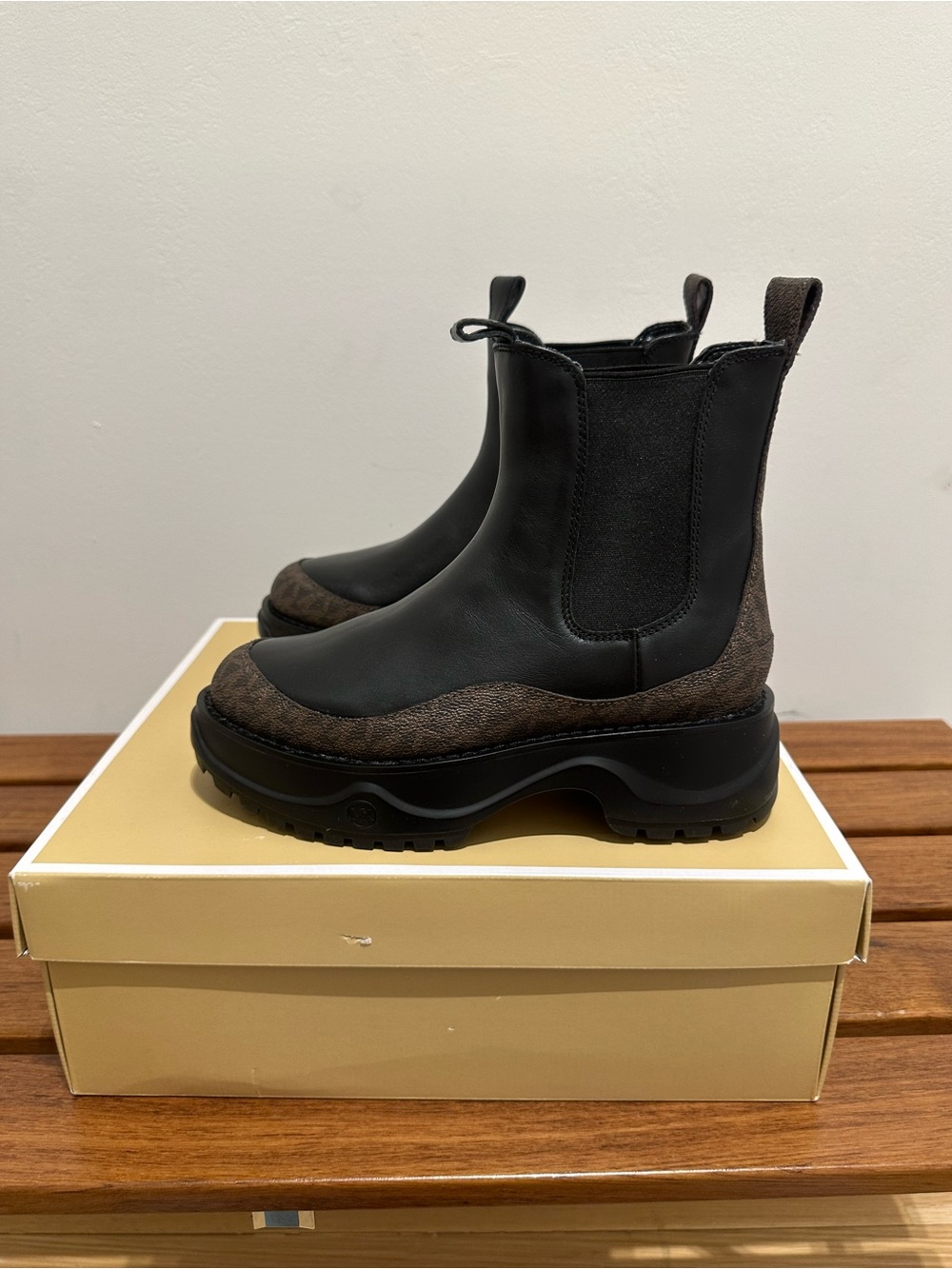 Michael Kors Black Leather Chukka Boots with Brown Logo Toe - Picture 2 of 7